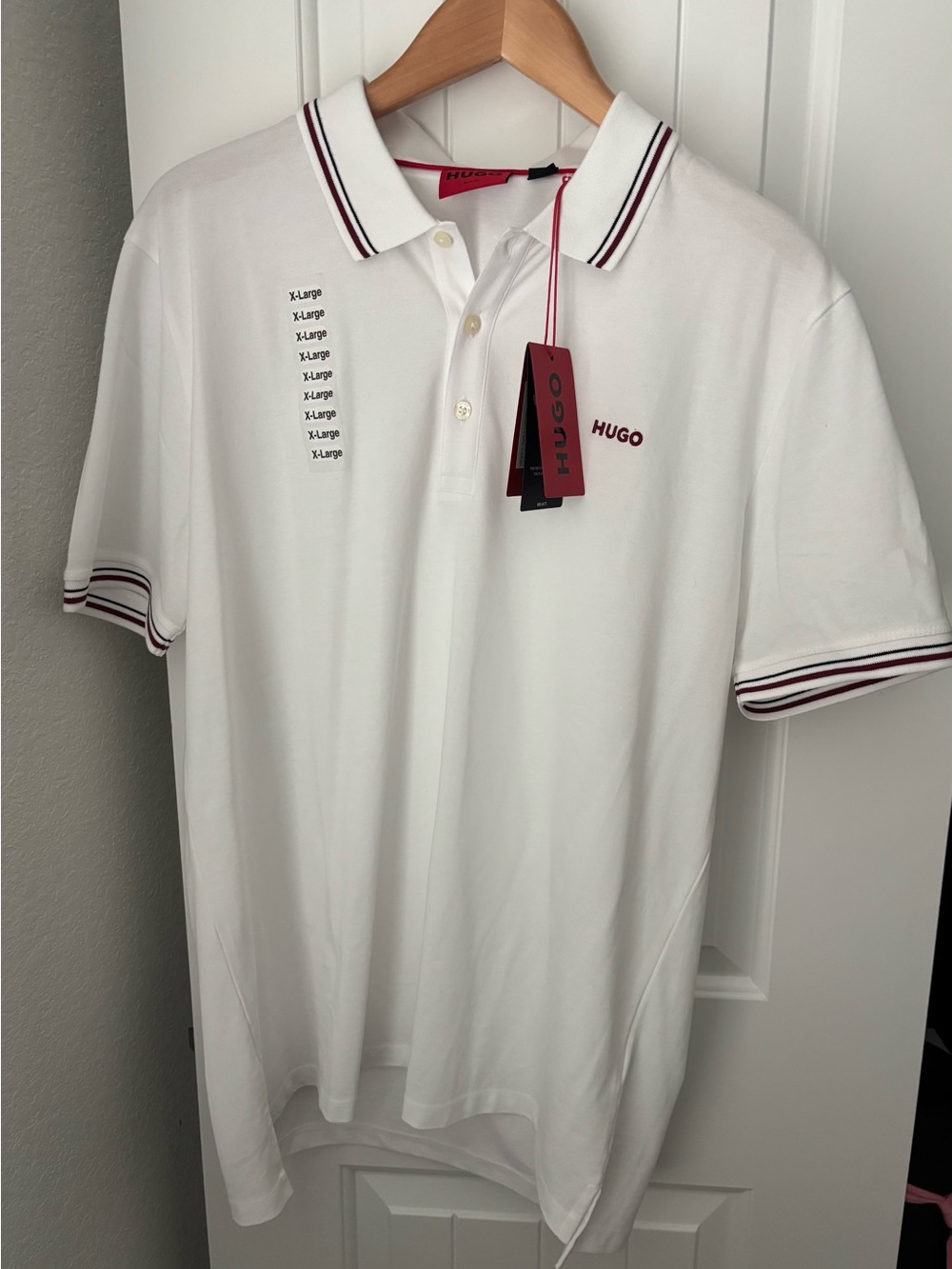 HUGO BOSS mens white polo with black and burgundy stripes on sleeves XL